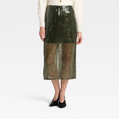Open Box - Women's Sequin Midi Skirt - A New Dayβ’ Olive Green L