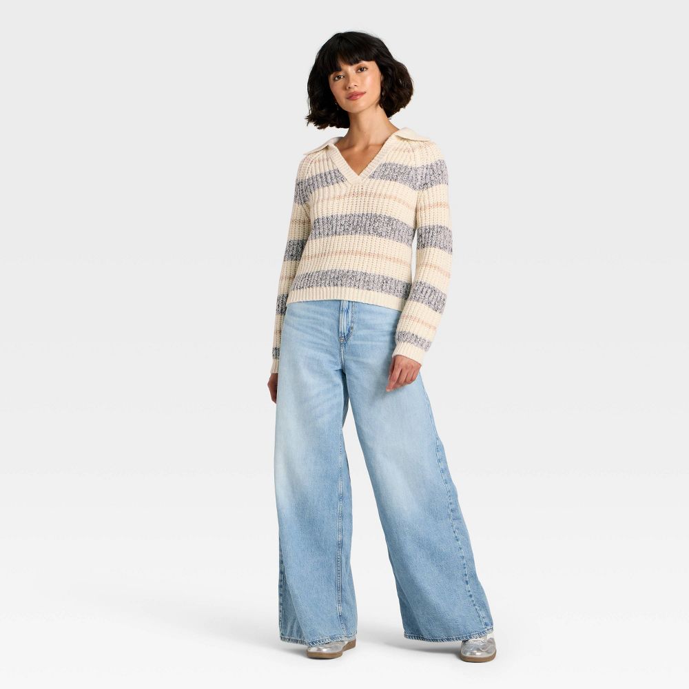 New - Women's Chunky Polo Collar Pullover Sweater - Universal Thread™ White/Navy Striped XL