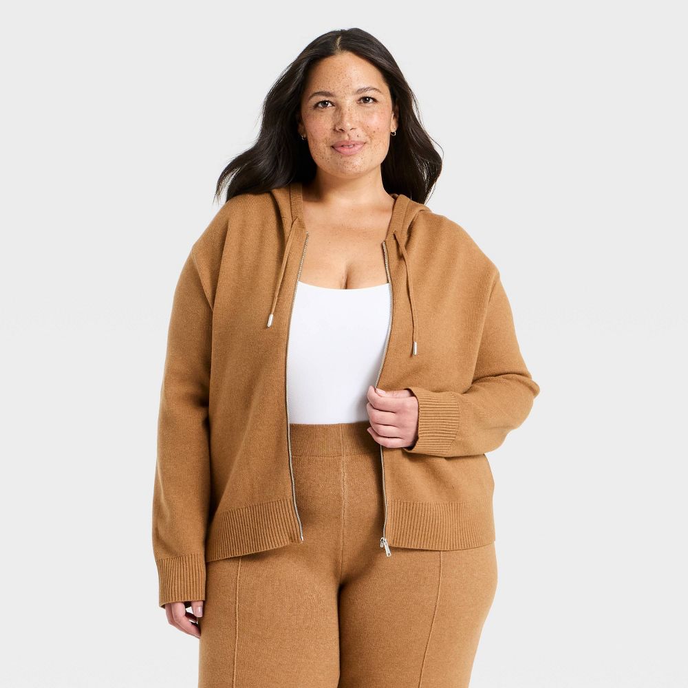 New - Women's Hooded Zip-Up Sweater - A New Day™ Brown XXL
