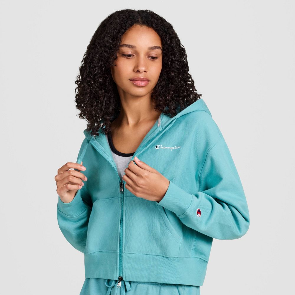 New - Champion Women's Cropped Fleece Zip-Up Sweatshirt - Teal Blue L