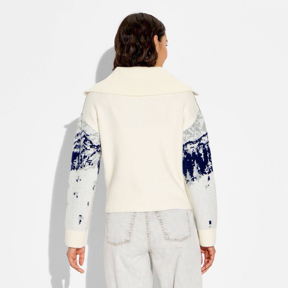 Open Box - Women's Polo Collar Quarter Zip Novelty Pullover Sweater - Wild Fable™ Off-White Landscape S