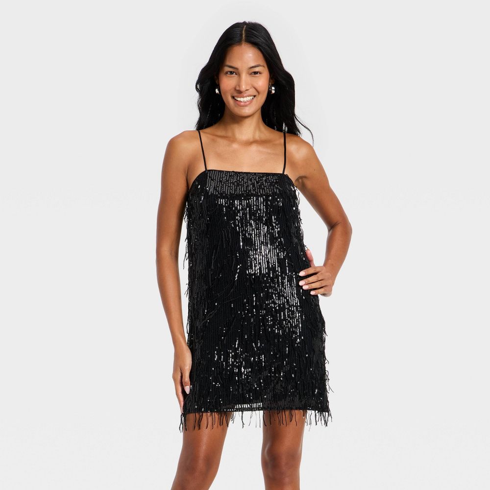 New - Women's Fringe Mini Shift Dress - A New Day™ Black XS