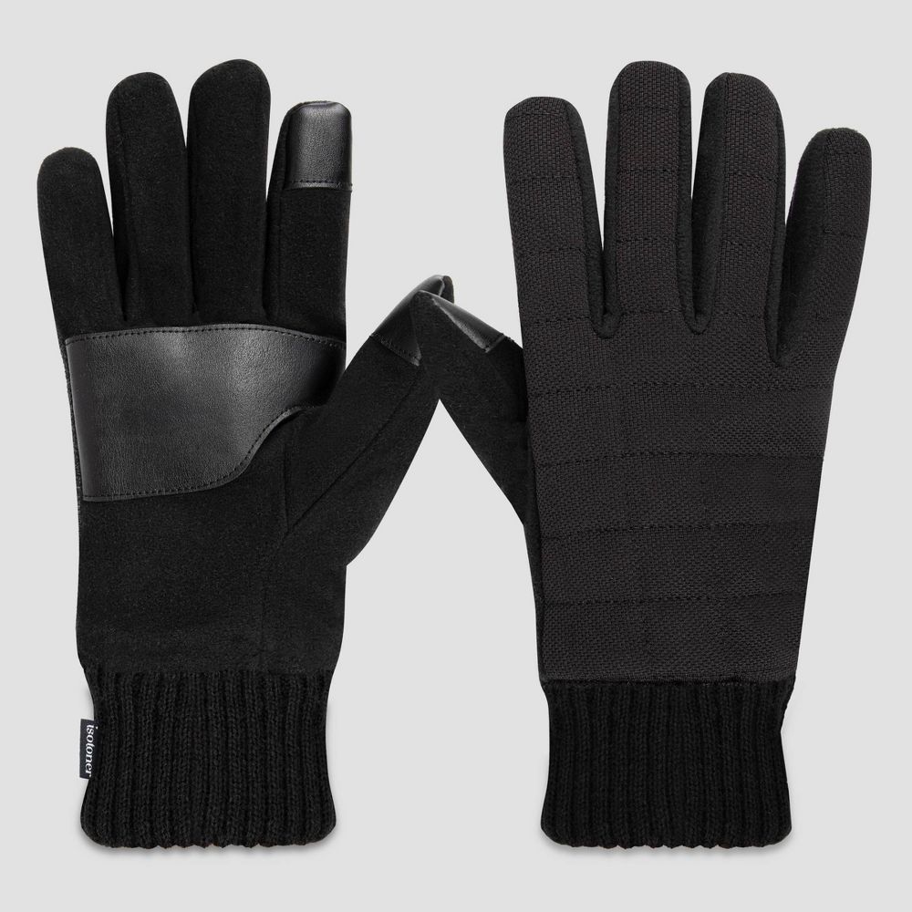 New - Isotoner Men's Quilted Stretched Knitted Gloves - Black M