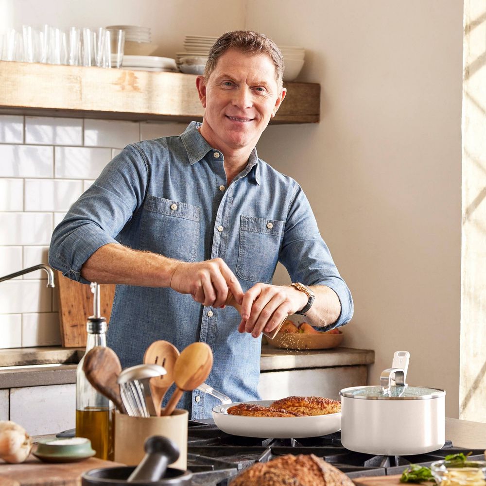 New - Bobby Flay 12pc Ceramic Nonstick Aluminum Cookware Set Cream