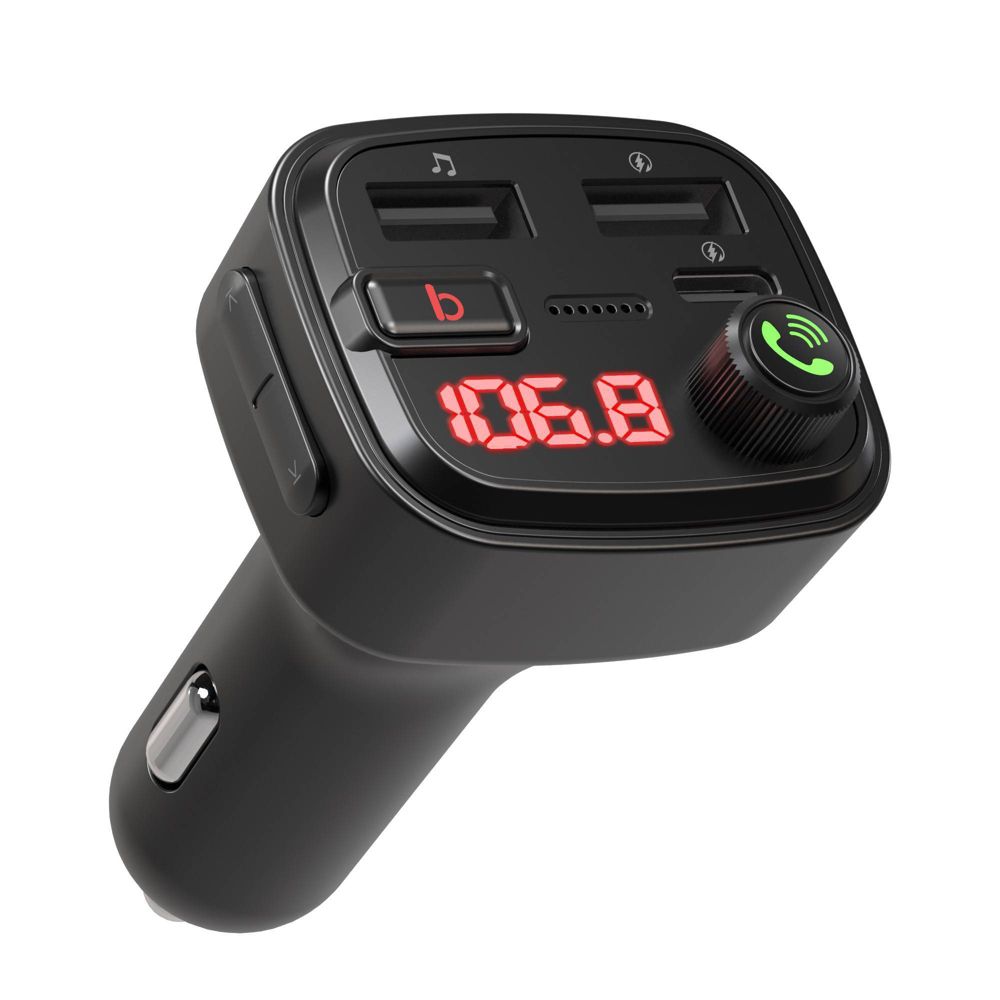 New - Just Wireless Bluetooth FM Transmitter Type C and USB-A Charging Port Bass Sound Booster - Black