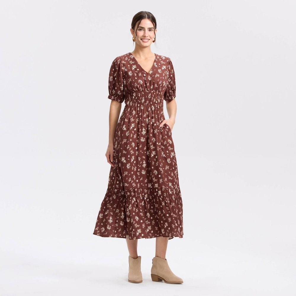New - Women's Balloon Short Sleeve Maxi A-Line Dress - Universal Thread™ Brown Floral L