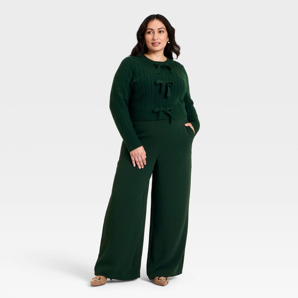 New - Women's Long Sleeve Bow Cardigan Sweater - A New Day™ Dark Green 1X