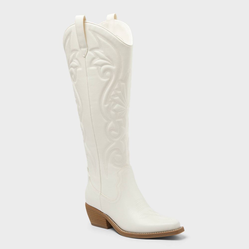 Open Box - Women’s Kenzie Tall Western Boots with Memory Foam Insole – Wild Fable™ Ivory 6.5: Knee-High, Block Heel, Zipper Closure