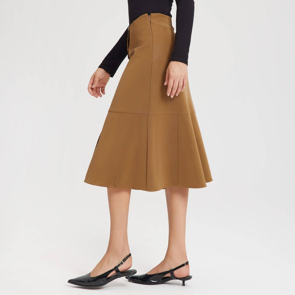 New - Women's Faux Leather Fit & Flare Midi A-Line Skirt - A New Day™ Brown 0