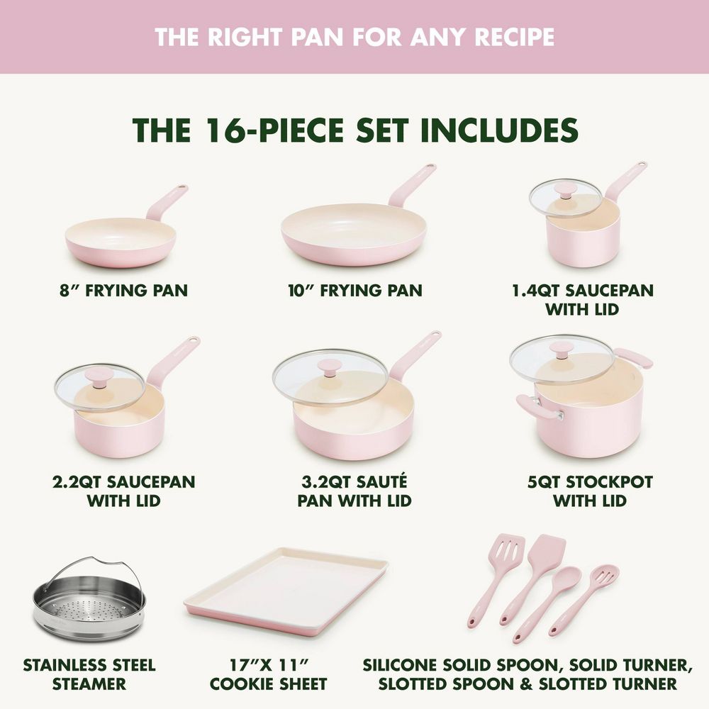 New - GreenPan Rio Advanced 16pc Ceramic Nonstick Cookware Set Pink
