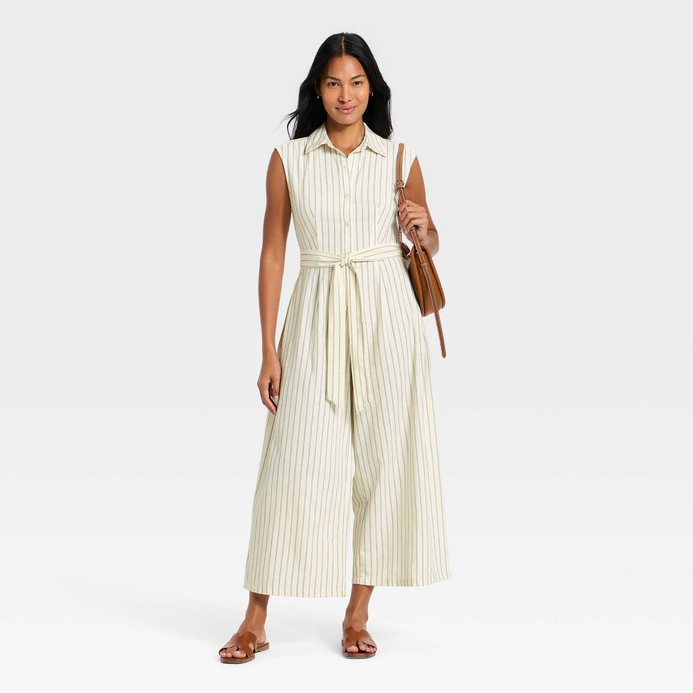 New - Women's Belted Jumpsuit - A New Day™ White Pinstripe L