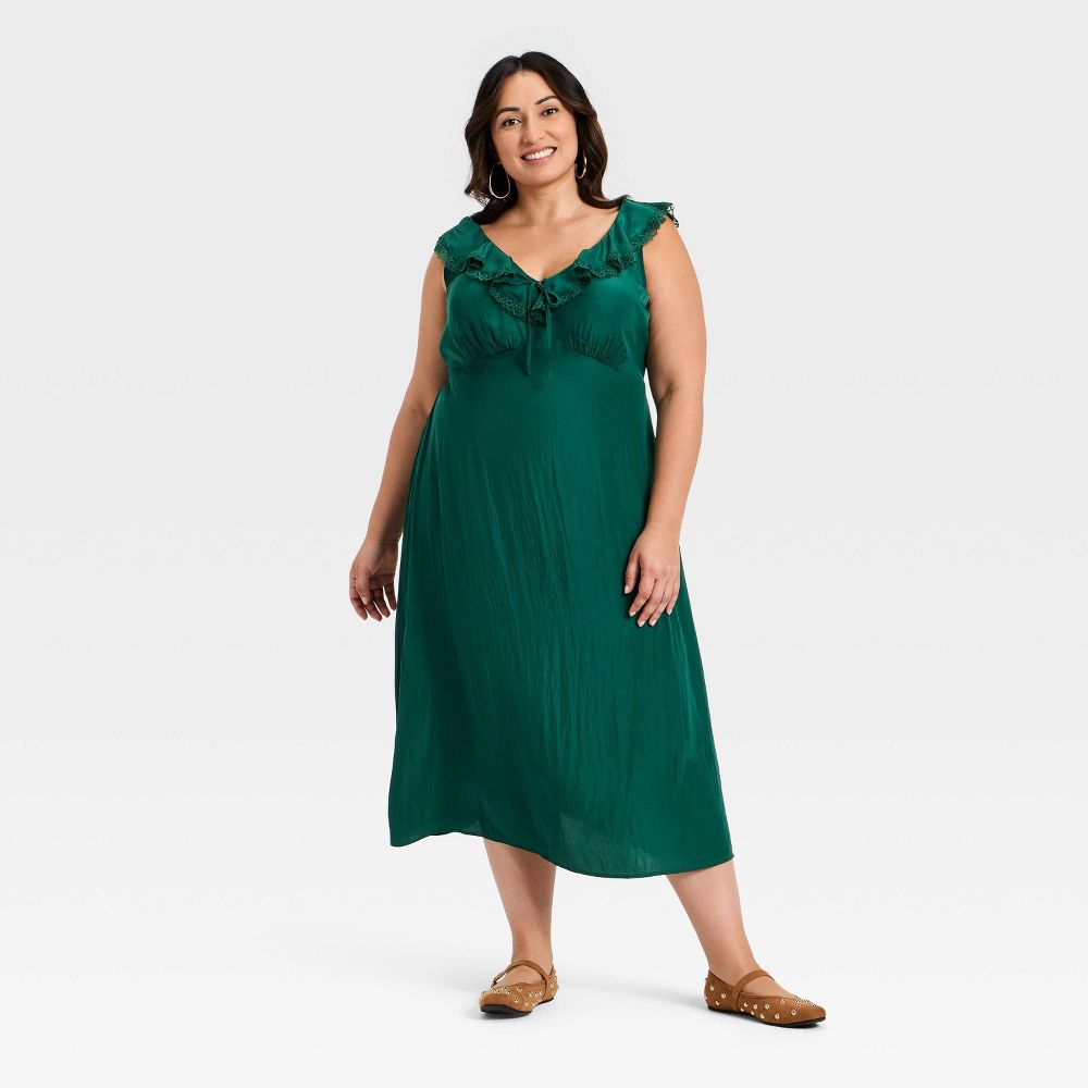 New - Women's Ruffle Lace Midi A-Line Dress - Universal Thread™ Dark Green XXL