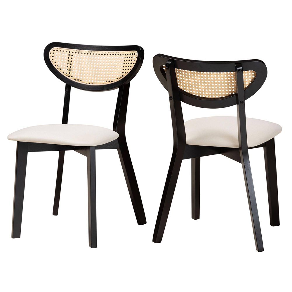 New - Baxton Studio 2pc Dannell Fabric and Wood Dining Chairs: Mid-Century, Rattan Detail, Foam Padded