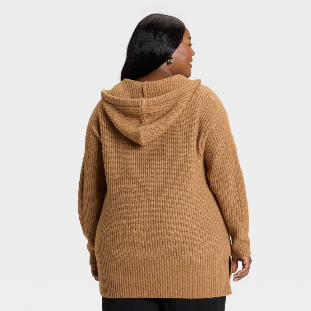 Open Box - Women's Cozy Cable Hooded Tunic Sweater - Ava & Viv™ Brown XXL