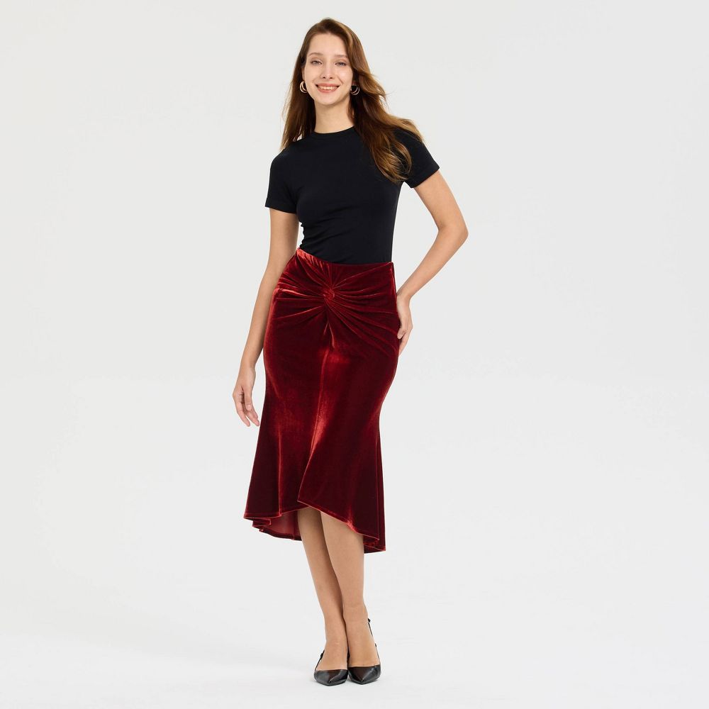 New - Women's Velvet Twist Midi Pull-On Skirt - A New Day™ Rose Red M