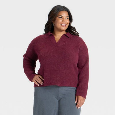 Open Box - Women's Cozy Knit Polo Sweater - A New Day™ Burgundy XXL