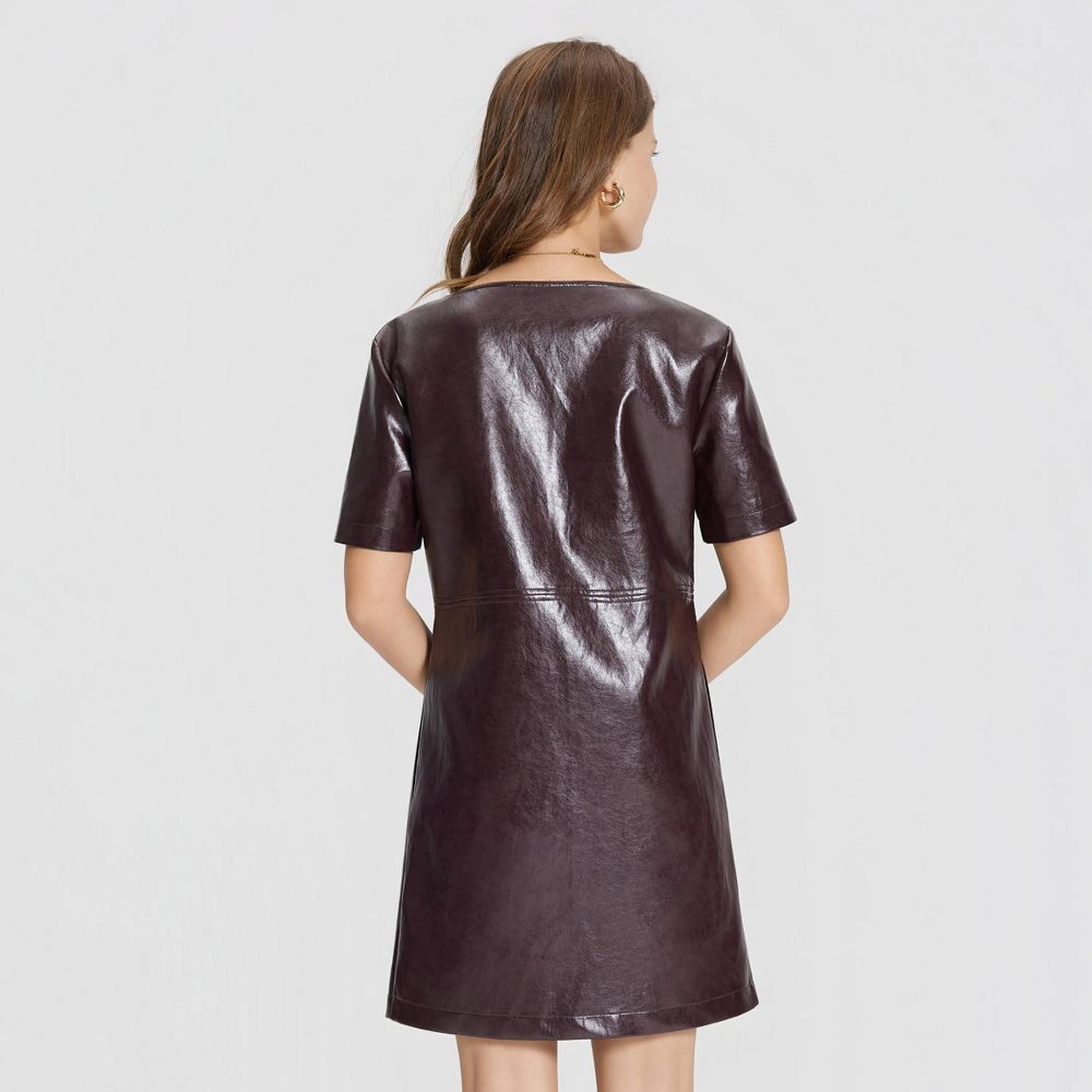 New - Women's Short Sleeve Faux Leather Mini Shift Dress - A New Day™ Burgundy L