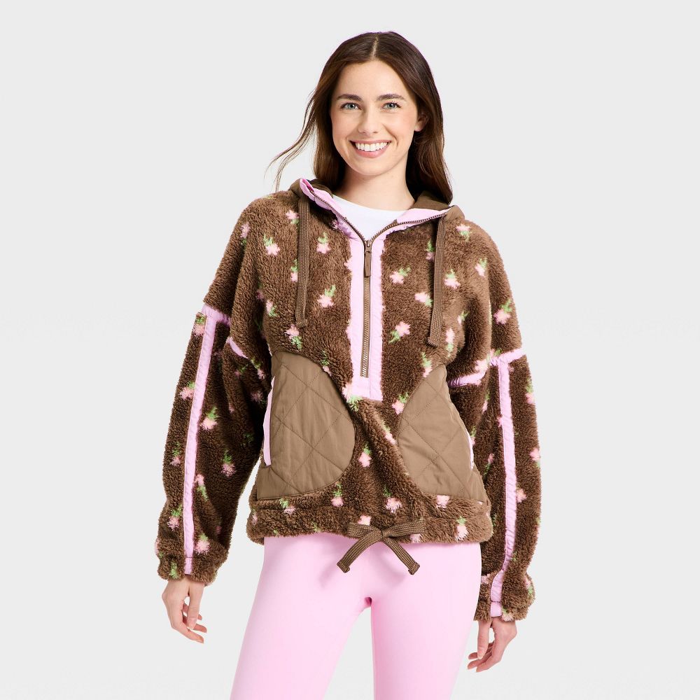 Open Box - Women's Contrast High Pile 1/2 Zip Jacket - JoyLab™ Brown Floral XXL