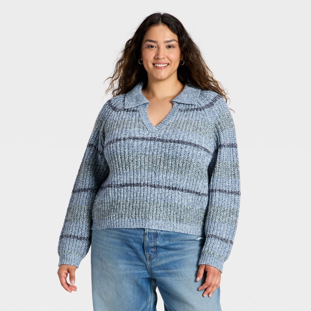 New - Women's Chunky Polo Collar Pullover Sweater - Universal Thread™ Blue Striped 2X