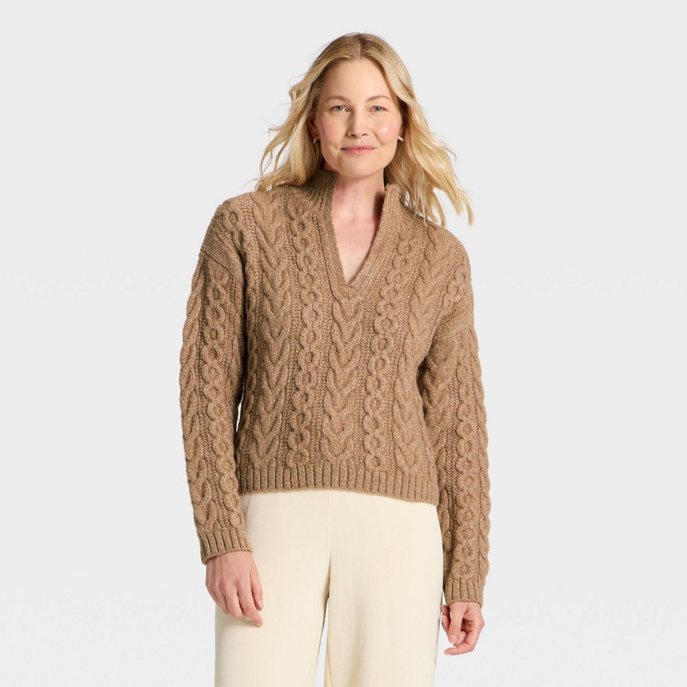 New - Women's Long Sleeve Split Neck Cable Pullover Sweater - A New Day™ Brown M