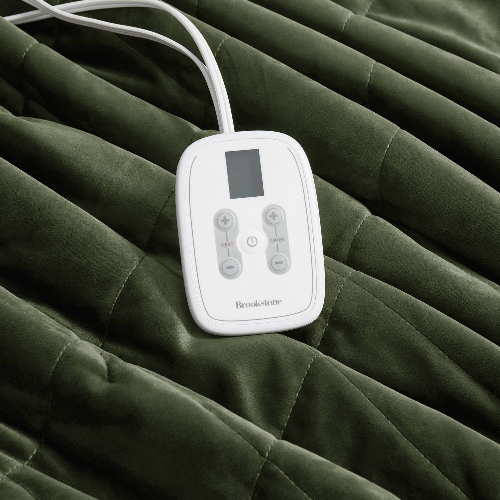 New - Brookstone Twin Heated Diamond Stitch Quilt Blanket Olive Green