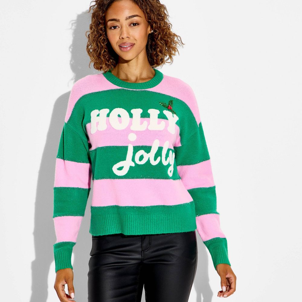 New - Women's Holly Jolly Festive Graphic Sweater - Multicolor Striped L
