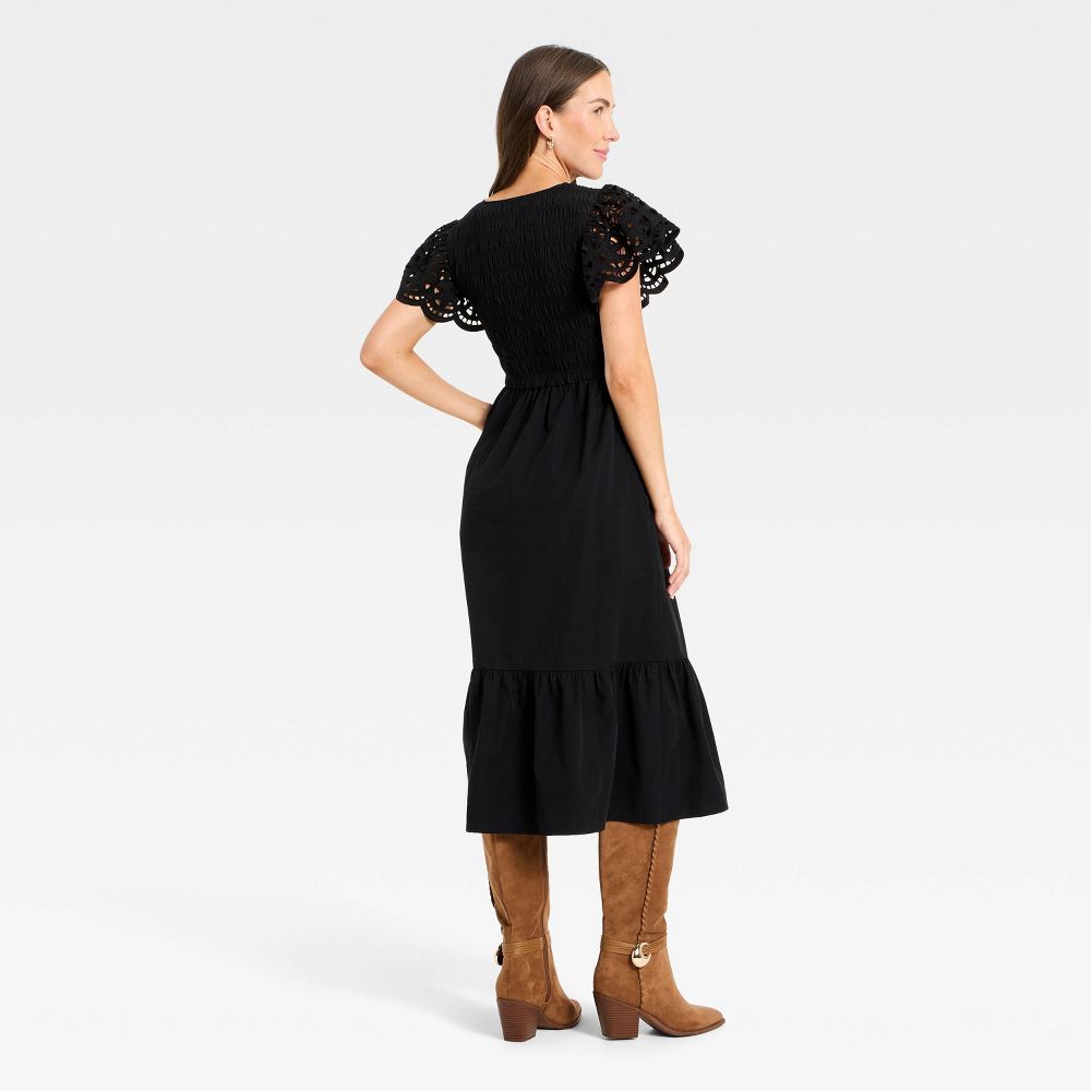 New - Women's Flutter Short Sleeve Smocked Midi A-Line Dress - Universal Thread™ Black M