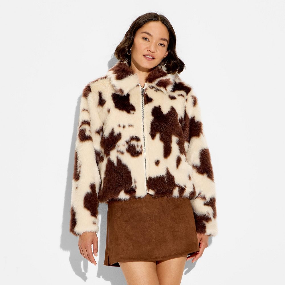 New - Women's Faux Fur Jacket - Wild Fable™ Light Brown Cow M
