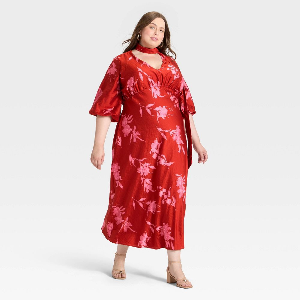 New - Women's Tie Neck Maxi Dress - A New Day™ Red Floral 4X