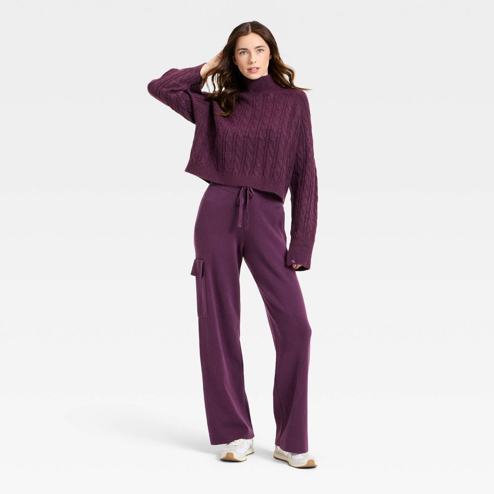 New - Women's Mock Neck Cable Knit Sweater - JoyLab™ Plum Purple XXL