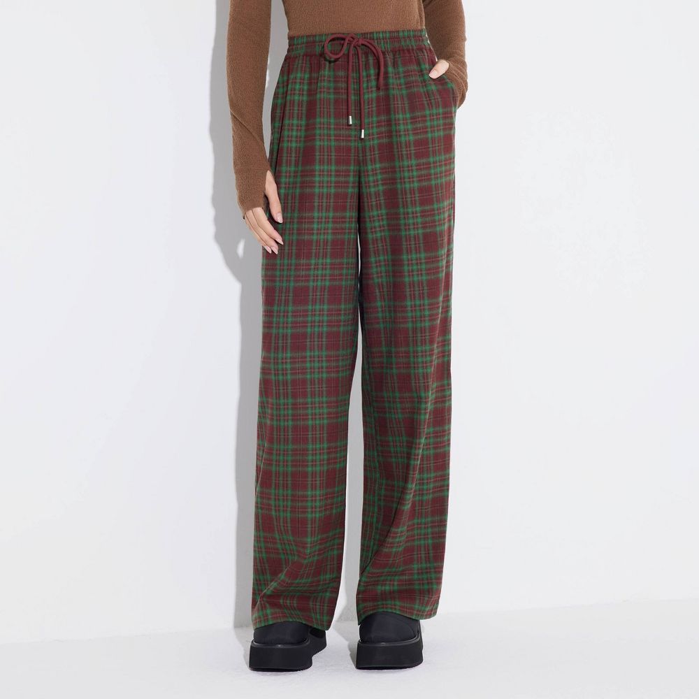 New - Women's Mid-Rise Wide Leg Pull-On Pants - Wild Fable™ Green Plaid S