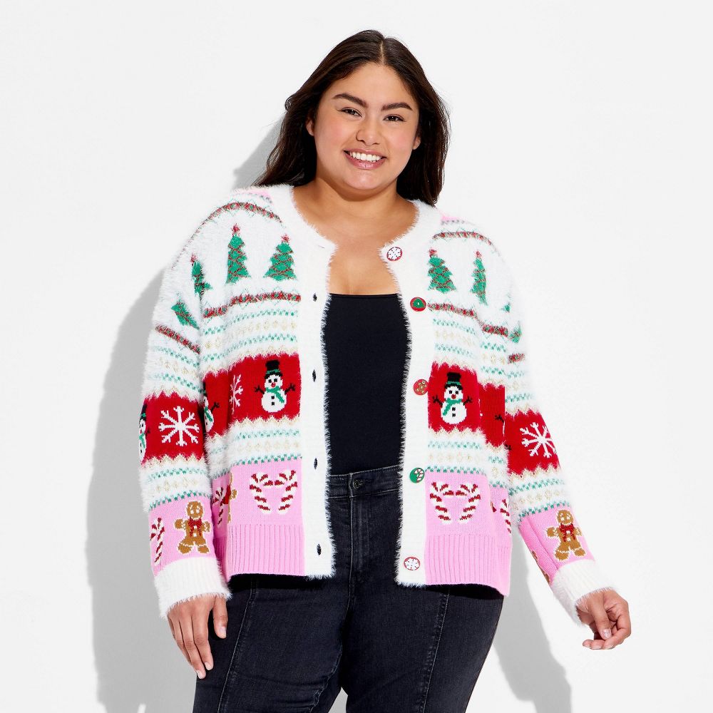 Open Box - Women's Holiday Icons Festive Graphic Cardigan - Cream 3X