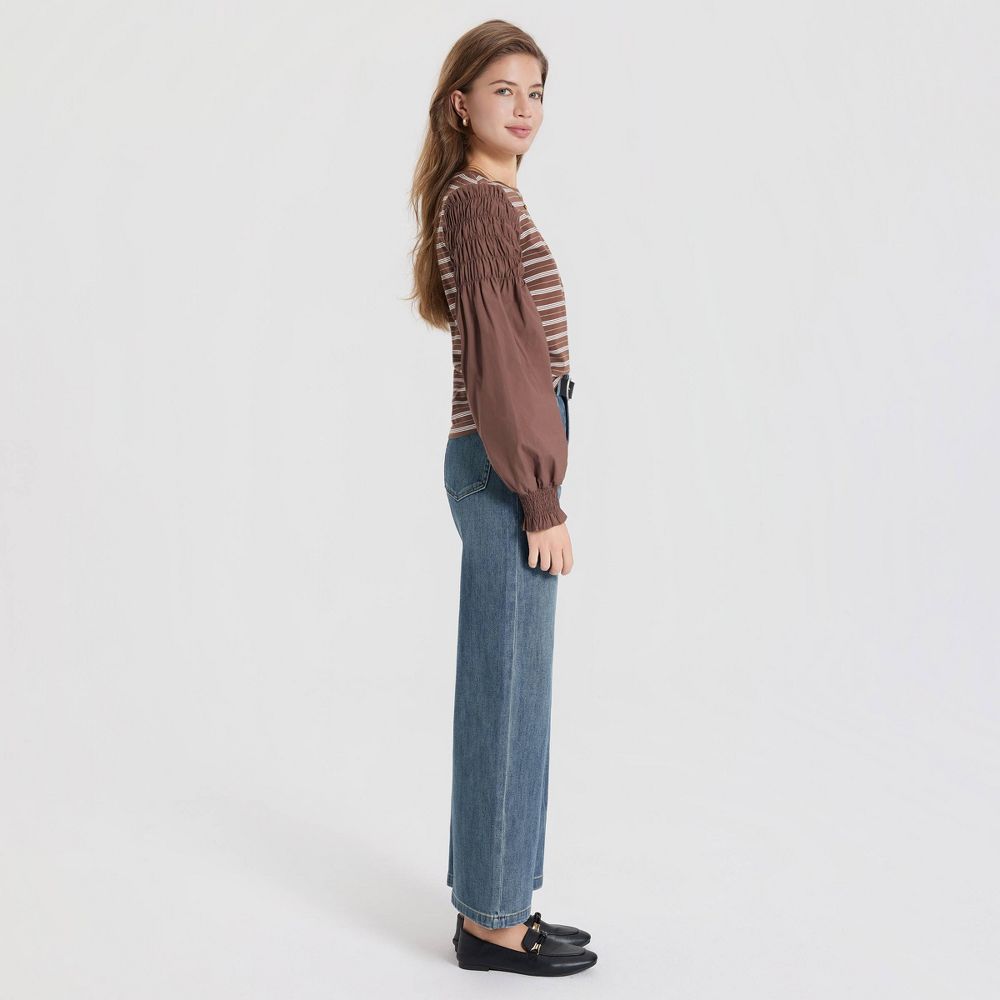 New - Women's Puff Long Sleeve Blouse - Universal Thread™ Brown/White Striped S