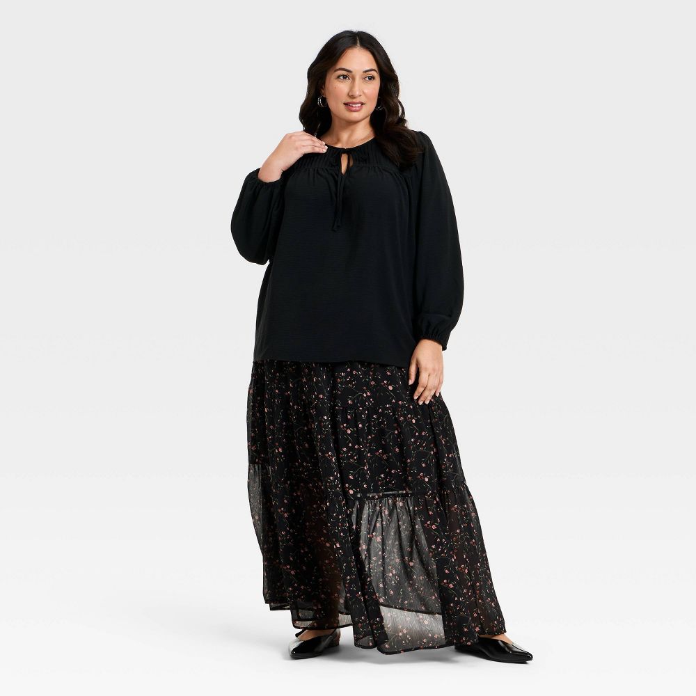 New - Women's Bishop Long Sleeve Pleated Tie-Front Blouse - Ava & Viv™ Black 2X