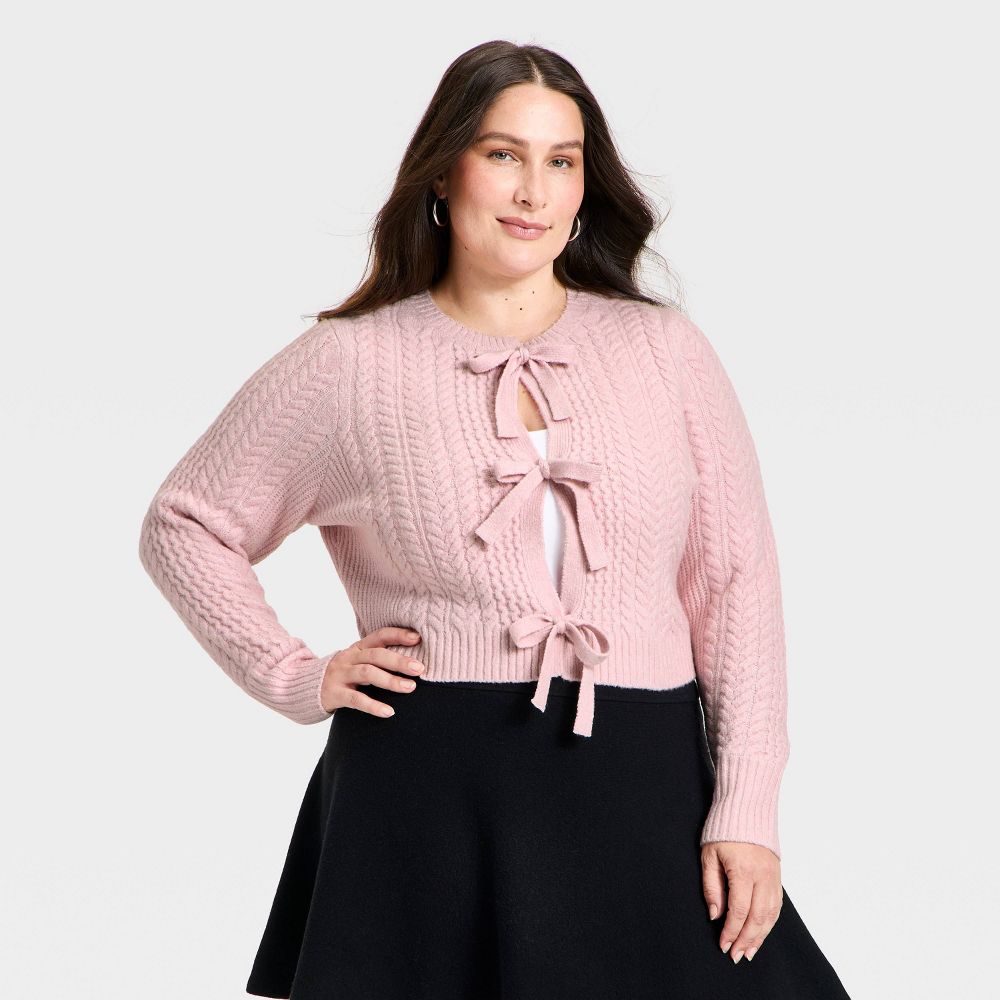 New - Women's Long Sleeve Bow Cardigan Sweater - A New Day™ Pink XXL