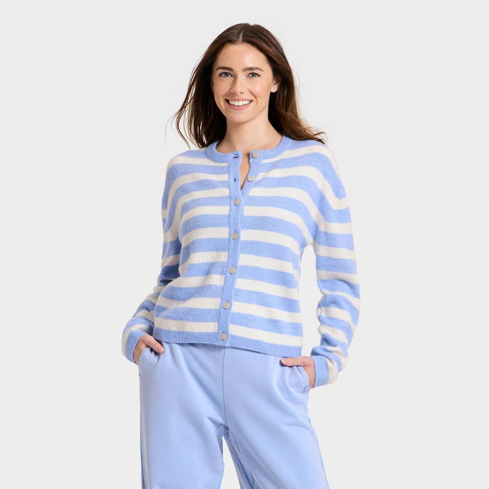 New - Women's Button-Up Cardigan Sweater - JoyLab™ Periwinkle Blue/Cream Stripe XXL