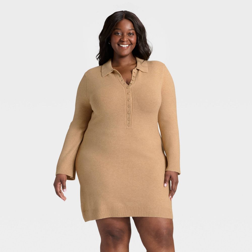 New - Women's Long Sleeve Sweater Dress - A New Day™ Light Heather Brown 2X