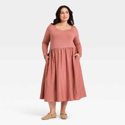 New - Women's Long Sleeve Knit Midi A-Line Dress - Ava & Viv™ Mauve 1X