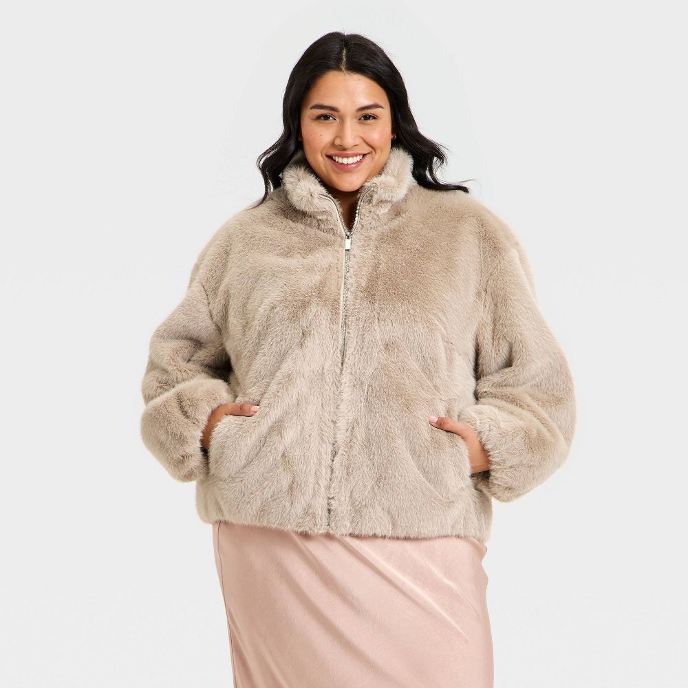 New - Women's Faux Fur Zip-Up Jacket - A New Day™ Light Gray Wash XXL