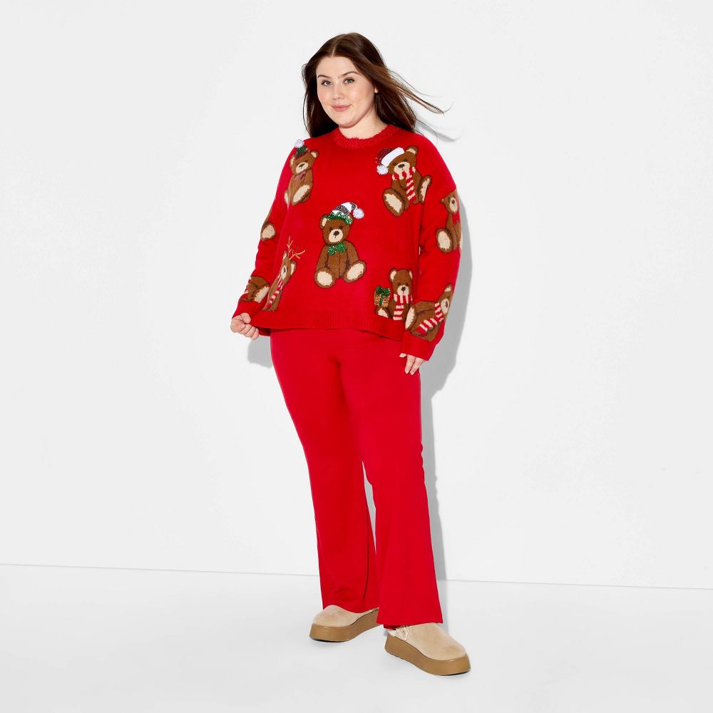 New - Women's Teddy Bear Print Festive Graphic Sweater - Red 3X