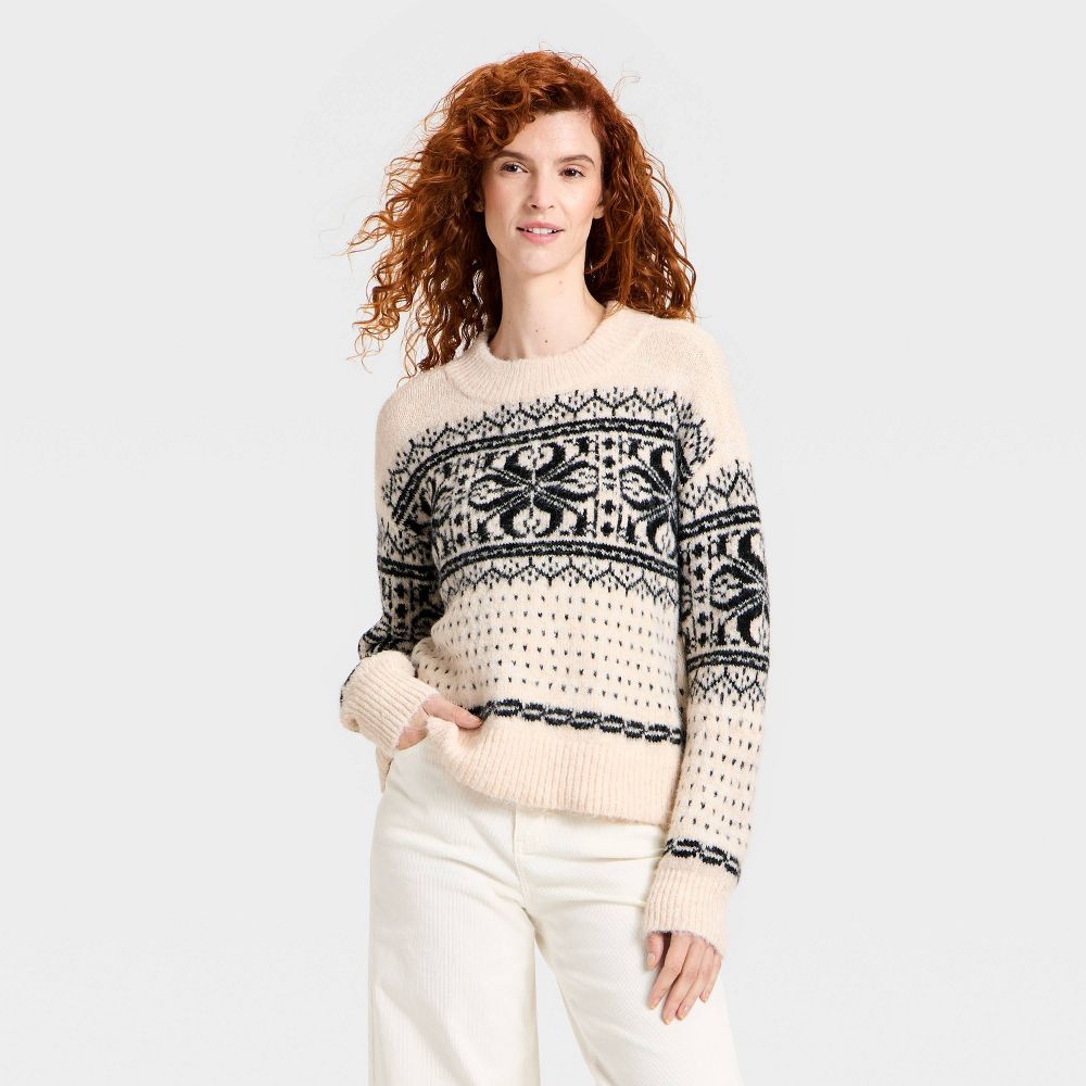 New - Women's Cozy Alpine Snowflake Crewneck Pullover Sweater - Universal Thread™ Cream L