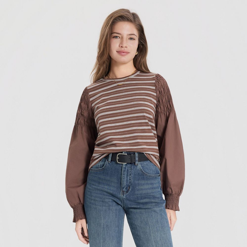 New - Women's Puff Long Sleeve Blouse - Universal Thread™ Brown/White Striped S