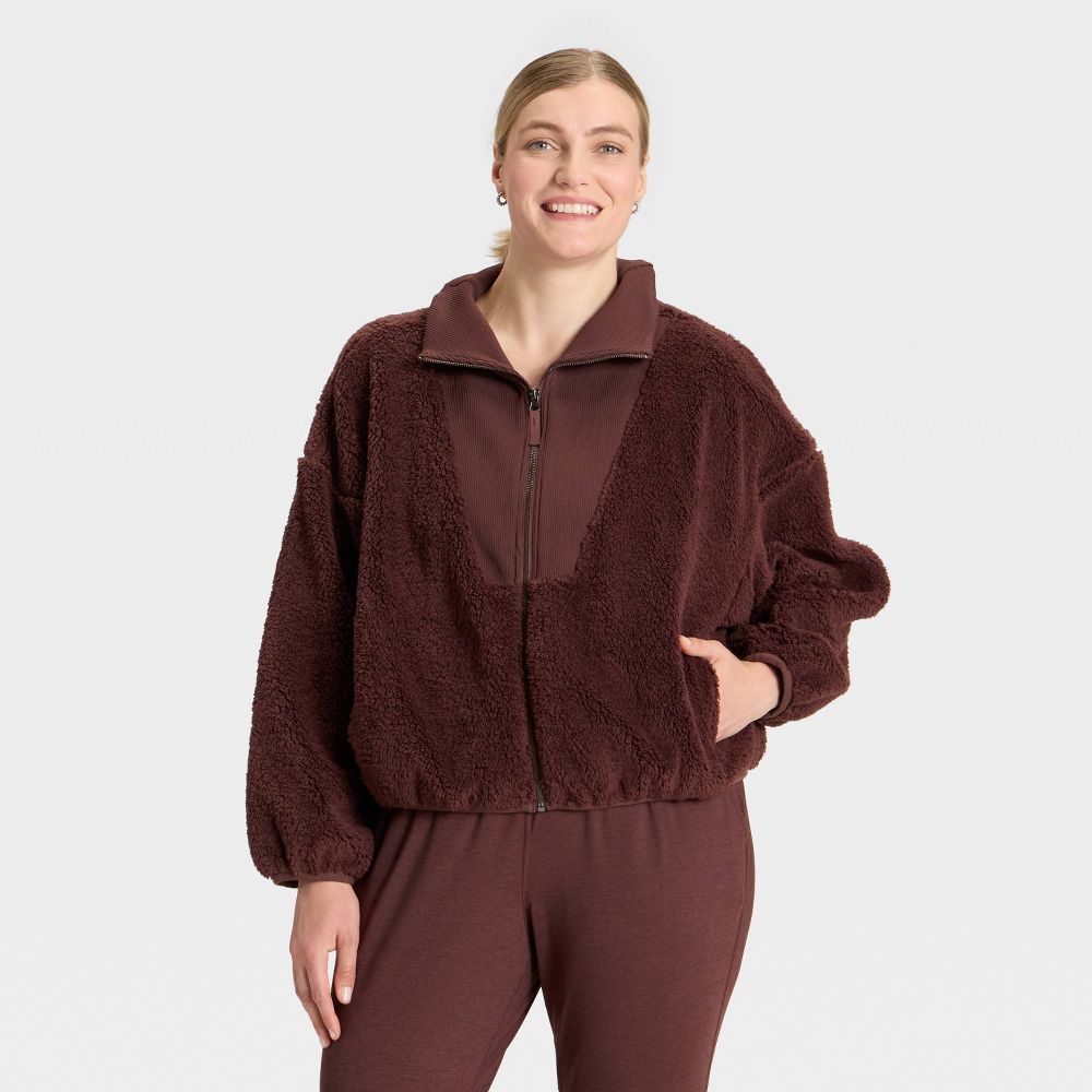 New - Women's High Pile & Ribbed Mix Jacket - All In Motion™ Brown XS