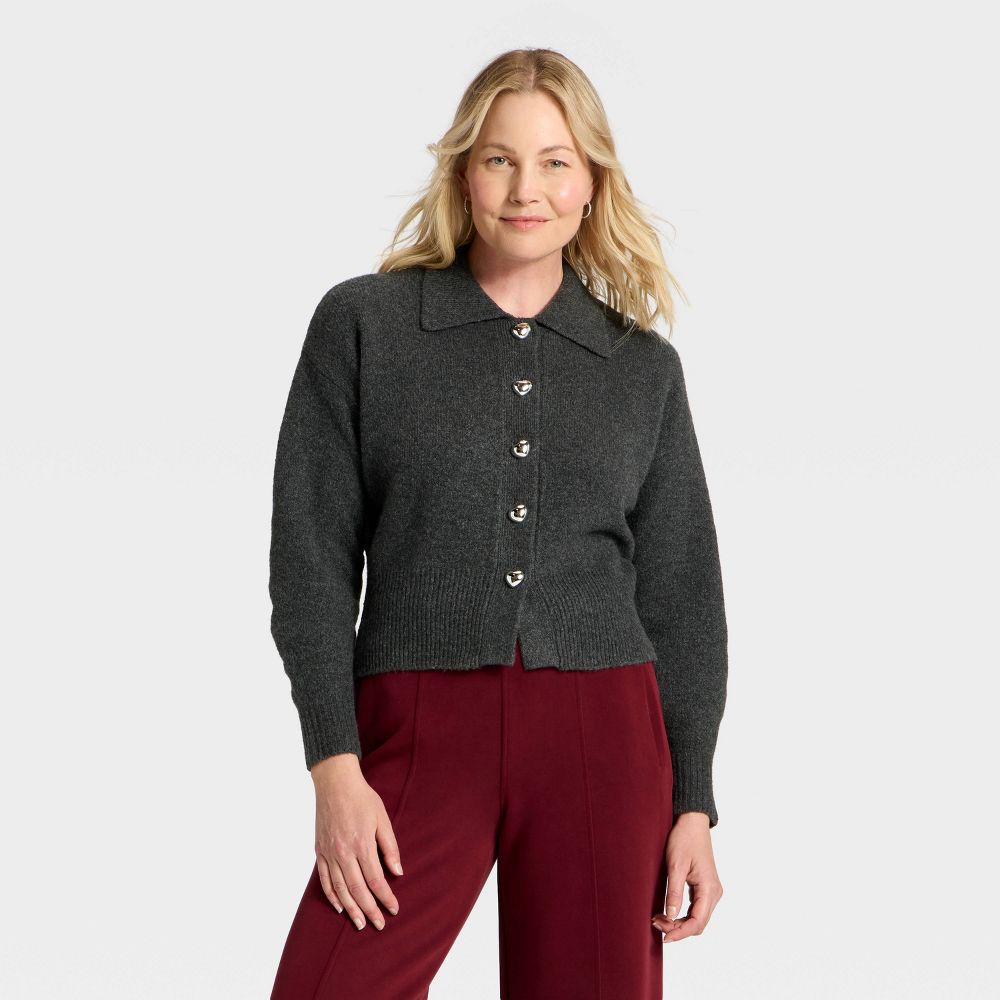 New - Women's Long Sleeve Heart Button Cardigan Sweater - A New Day™ Charcoal Gray XS