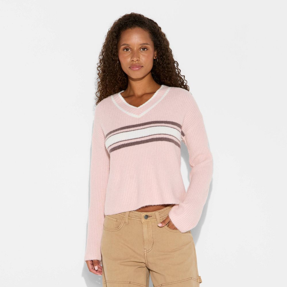 New - Women's V-Neck Pullover Sweater - Wild Fable™ Light Pink Rugby Striped XS