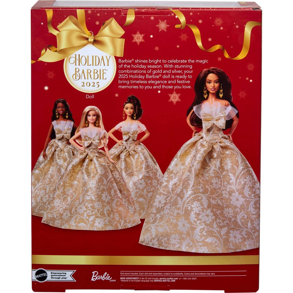 New - Barbie Signature 2025 Holiday Barbie Fashion Doll, Seasonal Collector, Dark Brown Hair with Silver & Gold Gown