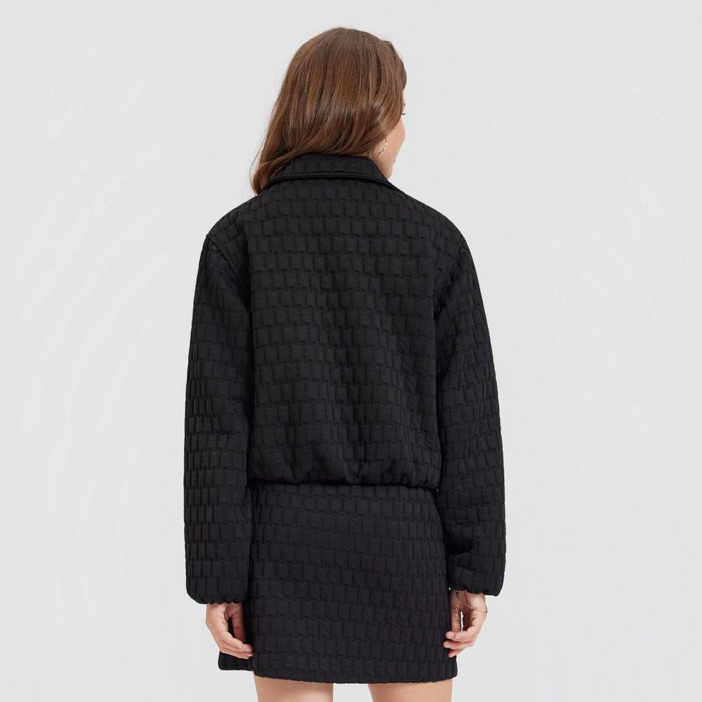New - Women's Textured Jacquard Funnel-Neck Bomber Jacket- A New Day™ Black Basket Weave XL