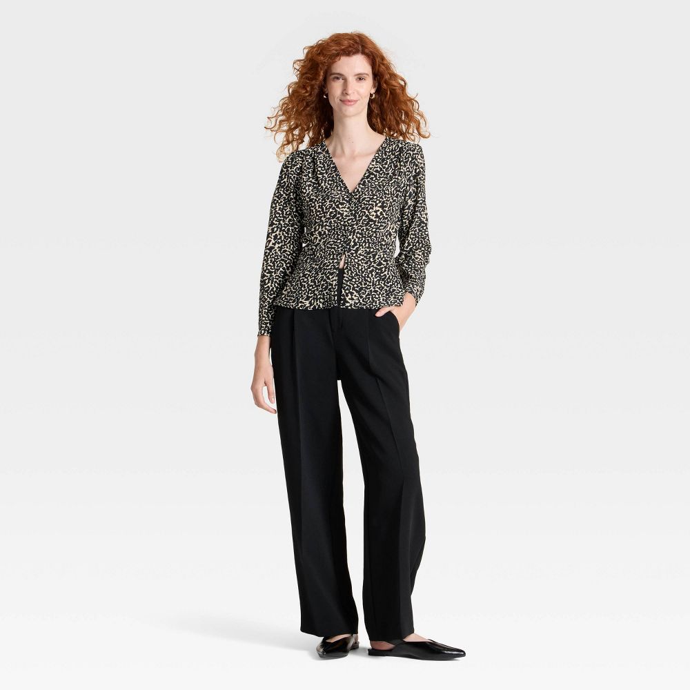 New - Women's Long Sleeve Button-Front Top - A New Day™ Leopard XS