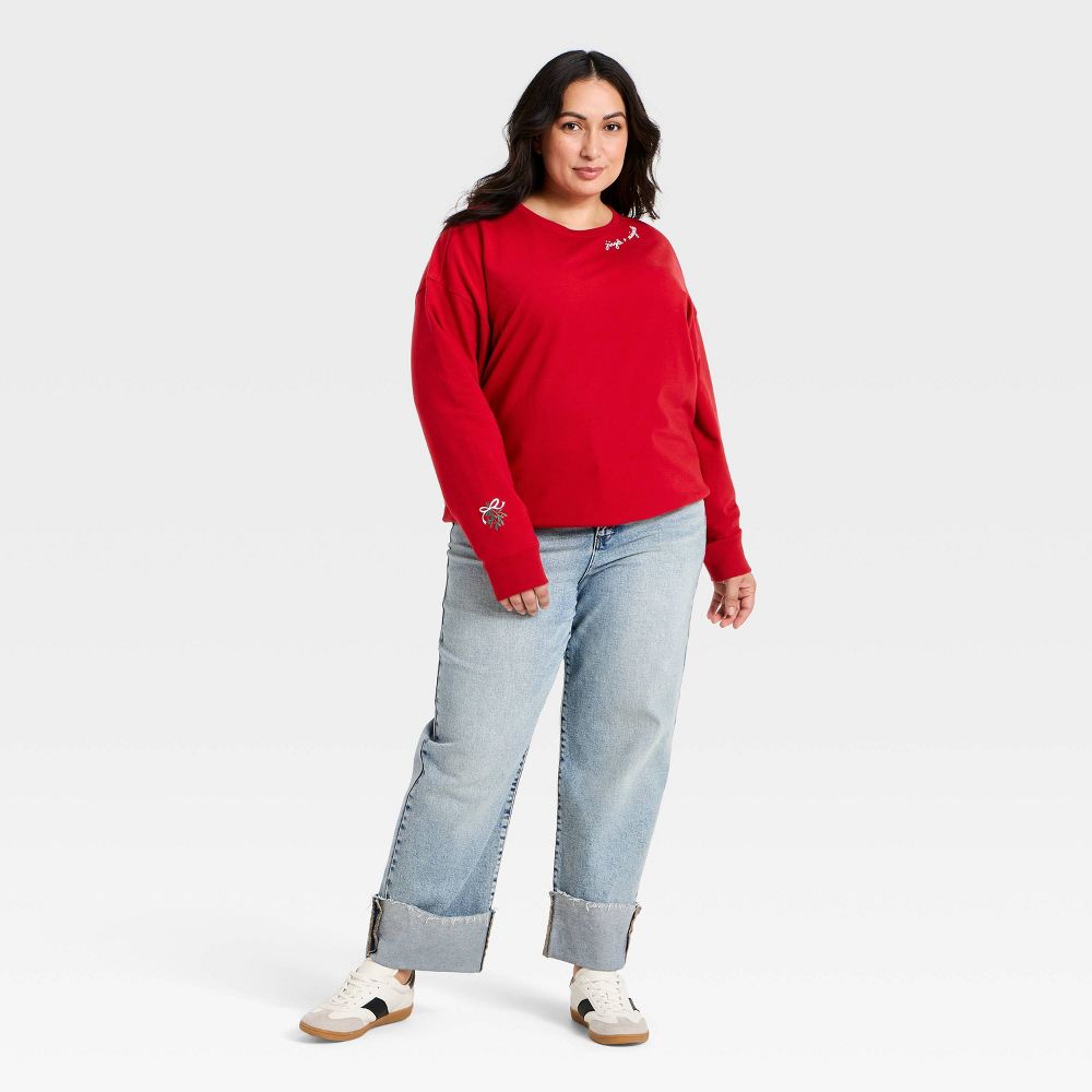 New - Women's Holiday French Terry Rib-Knit Sweatshirt - Ava & Viv™ Red 2X