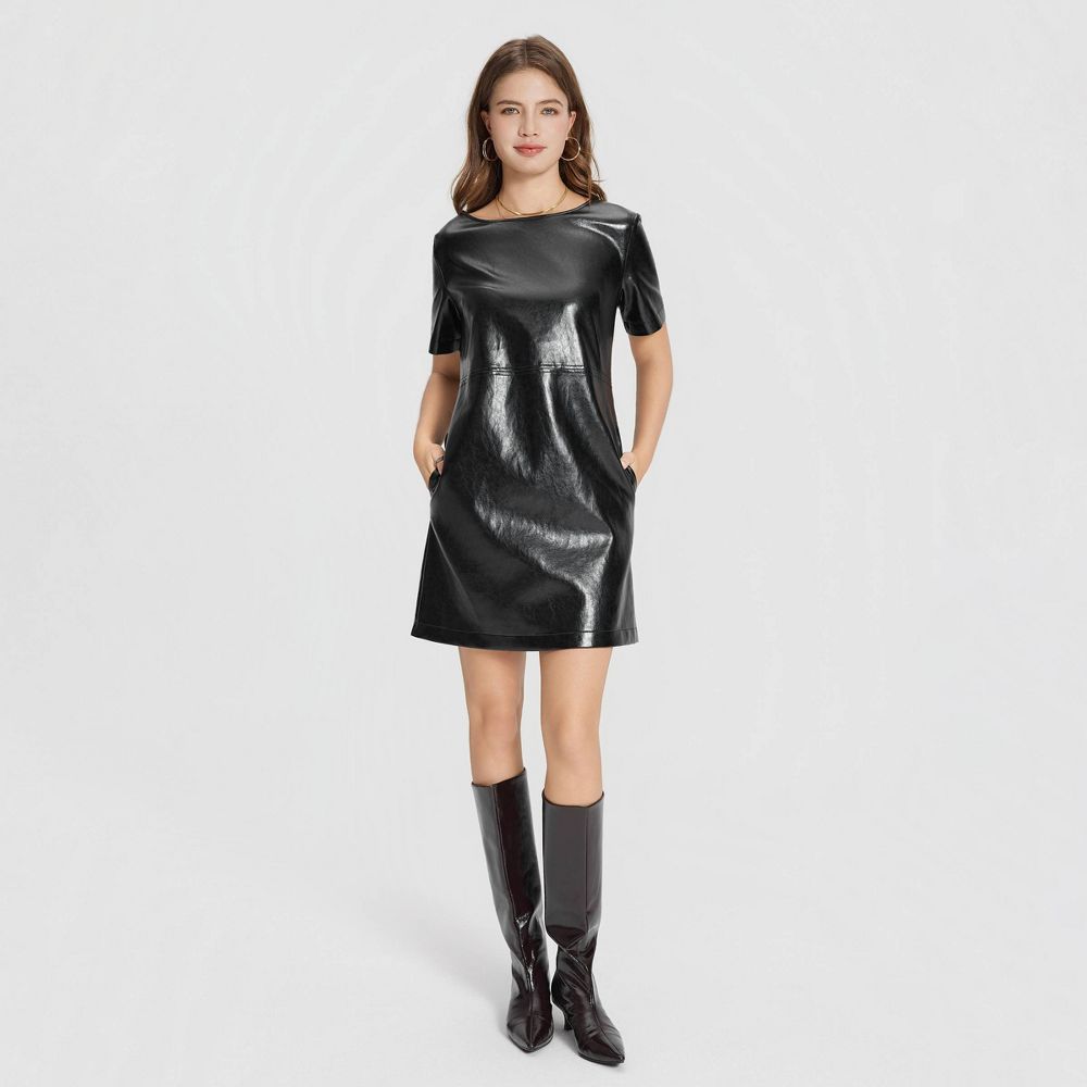New - Women's Short Sleeve Faux Leather Mini Shift Dress - A New Day™ Black M